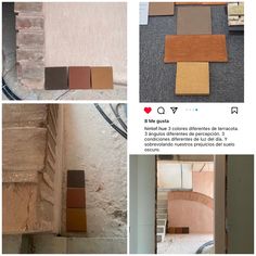 four different pictures of the same room with various materials on each floor and in between them, there is a brick wall that has been removed