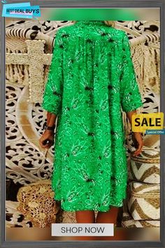 Women's A-line Dress Midi Dress 3/4 Length Sleeve Floral Print Spring & Summer Hot Oversized Red Yellow Green Green 3/4 Sleeve Summer Midi Dress, Green Summer Midi Dress With 3/4 Sleeves, Green 3/4 Sleeve Midi Dress For Summer, Casual Green Half Sleeve Midi Dress, Casual Green Short Sleeve Midi Dress, Casual Green Midi Dress With Half Sleeves, Casual Green Midi Dress With 3/4 Sleeves, Green Loose Spring Dress, Loose Green Spring Dress