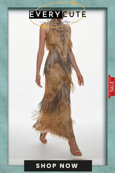 Embellished Fringed Halter Maxi Dress Embellished Flapper Dress For Prom And Party Season, Elegant Embellished Flapper Dress For Prom, Glamorous Beaded Sleeveless Dress, Summer Prom Dress With Beaded Fringe, Glamorous Sleeveless Beaded Dress, Gold Sleeveless Beaded Dress, Gold Beaded Sleeveless Dress, Summer Party Embellished Flapper Dress, Glamorous Beaded Fringe Prom Dress