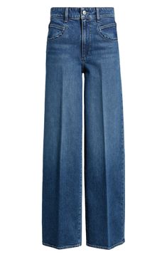 The perfect mix of casual and sophisticated, these neatly creased jeans feature a superhigh waist, seamed pockets and a loose, full-length column silhouette. 31 1/2" inseam; 21" leg opening; 11" front rise; 15" back rise (size 29) Zip fly with button closure Front scoop pockets; back patch pockets 98% cotton, 2% elastane Machine wash, tumble dry Imported Best Wide Leg Jeans For Women, Creased Jeans, Finding Style, Chic Over 50, High Waist Wide Leg Jeans, 2022 Style, Wardrobe Capsule, Latest Jeans, Easy Trendy Outfits