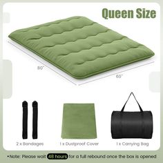 the queen size mattress is in green and has four pillows, one carrying bag, two extra