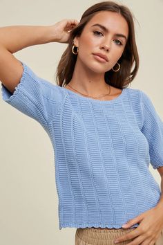 Blue Bird Day - Crochet Top – Baker & Co. Home Mercantile Chic Blue Pointelle Knit Top, Blue Cotton Knit Top With Short Sleeves, Blue Cotton Short Sleeve Knit Top, Blue Short Sleeve Cotton Knit Top, Fitted Light Blue Knit Top For Spring, Blue Pointelle Knit Crew Neck Top, Blue Pointelle Knit Top For Fall, Blue Pointelle Knit Top For Summer, Blue Casual Crochet Top With Short Sleeves