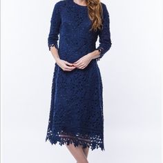 Lace Is Made Out Of Cotton Which Gives A More Delicate Look And Soft Touch. Detail On Sleeves And Bottom Of The Dress . Is A Modest, Elegant And Classic Dress. New With Tags And Kept In A Pet And Smoke Free Environment. Comes In Various Sizes: S, M ,L , Xl Blue Long Sleeve Lace Midi Dress, Chic Blue Midi Lace Dress, Blue Lace Dress For Brunch, Elegant Blue Lace Dress For Brunch, Lace Dress Formal, Formal Dress Midi, Lace Floral Dress, Dress Dark Blue, Stylish Summer Outfits