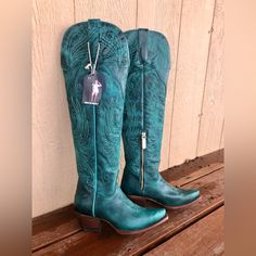 Brand New With Tags, Never Worn But To Try On. Valeria’s Boutique Turquoise Tall Western Boot They Were Too Tall For My Liking And The Company Does Not Accept Returns. 2” Heel With 20” Shaft 100% Leather Made In Mexico. Beautiful Boots!! Size 6 Tall Blue Boots, Something Blue Cowboy Boots, Western Clothing For Women, Turquoise Cowgirl Boots, Rodeo Ideas, Blue Cowgirl Boots, Hoco Shoes, Turquoise Cowboy Boots, Tall Cowgirl Boots