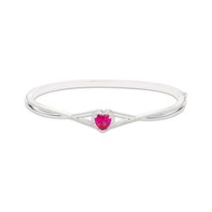 Give her your love when you present this lab-created ruby bangle bracelet. Sterling silver Features a heart-shaped lab-created ruby framed by round-cut white lab-created sapphires The polished twist bangle is lined with round white lab-created sapphires 7-inch circumference Hinged with box clasp Kays Engagement Ring, Gold Layered Bracelets, Sapphire Bangle, Neil Lane Engagement Rings, Pearl Diamond Jewelry, Ruby Bangles, Cross Jewelry Necklace, Fan Jewelry, Twisted Bangle