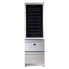 a stainless steel wine cooler with glass doors and drawers on the bottom, in front of a white background