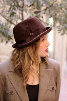 Brown trilby hat for women handmade short brim felt hat with | Etsy Elegant Brown Fedora For Fall, Brown Fitted Fedora For Kentucky Derby, Elegant Brown Fedora For Kentucky Derby, Elegant Brown Felt Hat, Chic Brown Fedora With Curved Brim, Chic Brown Cloche Hat For Spring, Chic Brown Curved Brim Fedora, Chic Brown Hats For Kentucky Derby, Elegant Brown Fedora Hat