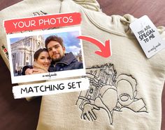 a couple's photo and matching sweaters are on display for the cameraman