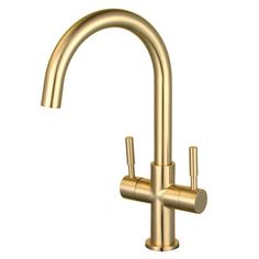 a gold faucet with two handles on an isolated white background