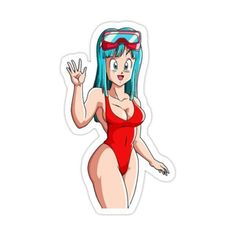 a woman in a red swimsuit with goggles on her head and blue hair