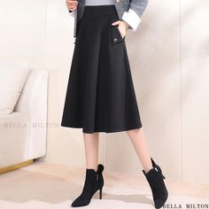 Bellamilton - Womens High-Waisted A-Line Midi Skirt in Solid Color with Elegant Flared Hemline Chic A-line Winter Bottoms, Elegant Non-stretch Knee-length Bottoms, Elegant Knee-length Bottoms, Elegant A-line Bottoms For Winter, Elegant Bottoms With Elastic Waistband For Winter, Elegant Winter Bottoms With Elastic Waistband, High Waist Pleated Skirt For Winter, Casual A-line Bottoms For Office, Elegant A-line Bottoms With Elastic Waistband