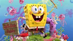 an animated spongebob character holding a sign in the air with other cartoon characters around him