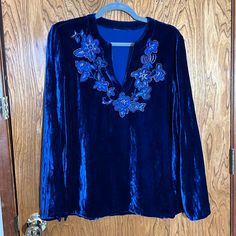 Absolutely Stunning Embroidered Deep Blue And Gold Silk Velvet Blouse From Chico’s (Just Wouldn’t Fit My Bust) Never Worn In Perfect Condition No Stretch. Festive Blue Embroidered Blouse, Luxury Embroidered Blue Blouse, Blue Embroidered Long Sleeve Blouse, Blue Casual Embroidered V-neck Top, Deep Blue And Gold, Luxury Embroidered V-neck Tunic, Velvet Blouse, Velvet Blouses, Gold Silk