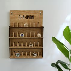 there is a wooden sign that says champion on it and many pins are in the holder