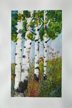 a painting of three white birch trees with green leaves and flowers in the foreground