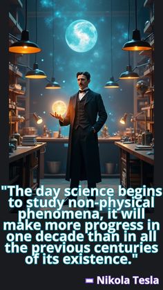 a man in a suit and tie holding a glowing ball with the words nikola tesla on it