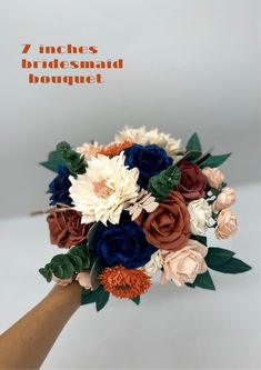 the bridal bouquet is made up of flowers and leaves, with text overlay that reads 7 inches bridesmaid bouquet