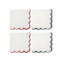 four napkins with scalloped edges in white and red on a white background