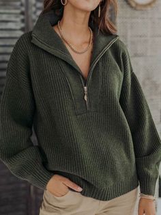 Casual Shawl Collar Yarn/wool Yarn Plain Sweater Army Green Sweater Outfit, Green Sweater Aesthetic, Collared Sweater Outfit, Green Sweater Outfit, Plain Sweater, Green Decoration, Army Green Sweater, Plain Sweaters, Yarn Sweater