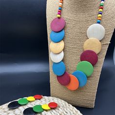 Wooden Beads Round Necklace For Beach, Multicolor Wooden Round Bead Jewelry, Multicolor Wooden Beaded Jewelry, Multicolor Wooden Round Beads Jewelry, Multicolor Wooden Beads Jewelry, Round Beach Jewelry With Large Beads, Beach Jewelry With Large Round Beads, Multicolor Round Beach Jewelry, Multicolor Round Jewelry For Beach