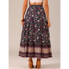 This floral printed skirt makes a great vacation choice. Women's boho vintage print maxi skirt, a must-have skirt and a good skirt gift idea for Spring, Summer, and Fall. Regular fit, just enjoy your leisure time with ease. Team with flat sandals and a relaxed shirt or peasant top. Pair it with sandals or heels for a perfect look.