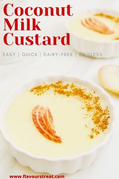 two white bowls filled with coconut milk custard