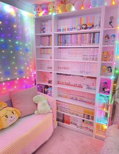 this is a bedroom with lights on the walls and bookshelf in the corner