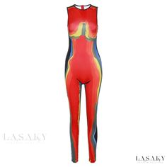 Lasaky - Fashionable Round Neck Sleeveless High-Waist Bodysuit with Stylish Print Multicolor Stretch Sleeveless Jumpsuits And Rompers, Red Sleeveless Stretch Jumpsuits And Rompers, Red Stretch Sleeveless Jumpsuits And Rompers, Multicolor Sleeveless Stretch Bodysuit, Multicolor Stretch Sleeveless Bodysuit, Casual Sleeveless Multicolor Bodysuit, Casual Multicolor Sleeveless Bodysuit, Sleeveless Multicolor Fitted Bodysuit, Fitted Multicolor Sleeveless Jumpsuit