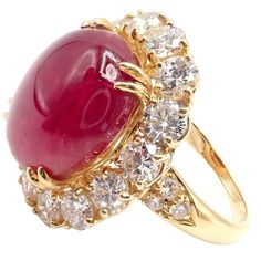 Authentic! Van Cleef & Arpels 18k Yellow Gold Large Cabochon Ruby Diamond Ring | Fortrove Luxury Yellow Gold Ruby Ring With Diamond, Luxury Domed Ruby Ring For Formal Occasions, Luxury Yellow Gold Oval Cabochon Ruby Ring, Luxury Cabochon Engagement Ring, Luxury Ruby Heart Cut Ring Fine Jewelry, Luxury Gold Oval Cabochon Diamond Ring, Luxury Oval Cabochon Diamond Ring, Luxury Red Cabochon Jewelry, Luxury Ruby And Diamond Oval Cabochon Ring