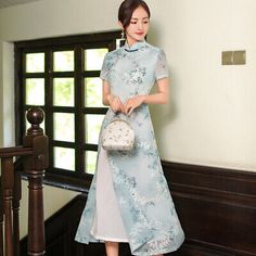 Premium Quality Ladies Blue Floral & Bamboo Prints Chinese Long Dress Cheongsam Qipao, Stunning Womens Dresses Spring Formal Cheongsam With Stand Collar, Elegant Fitted Blue Cheongsam, Elegant Summer Dress For Tea Ceremony, Spring Formal Knee-length Cheongsam, Summer Formal Cheongsam With Stand Collar, Blue Fitted Cheongsam With Stand Collar, Stand Collar Dress For Spring Tea Ceremony, Elegant Blue Cheongsam For Spring, Spring Formal Short Sleeve Cheongsam