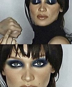 two pictures of a woman with blue eyes and black make - up on her face