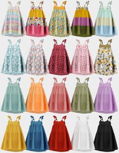 many different types of dresses are shown in this image, including one with flowers on it