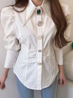 Fashion Women Shirts French Vintage Blouse Spring Button Up Shirt Pointed Collar Long Puff Sleeve Rhinestone Shirts, Spring Clothing, Vintage Blouse, Stylish Work Outfits, Style Office, Long Puff Sleeves, Office Lady, Blouse Vintage, Button Up Shirt