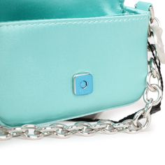 This Fendi x Tiffany Nano Baguette Charm is in tiffany blue silk and leather with sterling silver hardware, front flap snap closure, and Tiffany sterling silver charm.The interior is lined in tiffany blue fabric with one slip pocket.Origin: ItalyCondition: New and never worn Accompanied by: Fendi box, dustbag, carebook and retail UPCMeasurements: 4.5" width x 2.5" height x .5" depth; 3" strap Luxury Blue Rectangular Baguette Bag, Luxury Blue Baguette Bag, Elegant Blue Baguette Bag For Evening, Baguette Bag, Bag Light, Carry All Bag, Blue Silk, Tiffany Blue, Casual Backpack