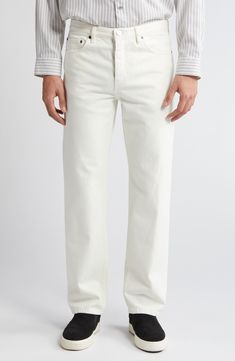 Classic straight-leg jeans are crafted from nonstretch denim in a solid wash that refreshes your warm-weather look. 32" inseam; 14 1/2" leg opening; 10 1/2" front rise; 14 1/2" back rise (size 29) Button fly Five-pocket style 100% cotton Machine wash, line dry Made in Turkey Modern Rigid Denim Jeans For Spring, Straight Five Pockets Summer Pants, Modern Straight Hem Summer Jeans, Summer Straight Pants With Five Pockets, Spring Wide Leg Slim Fit Jeans, Spring Modern Rigid Denim Jeans, Modern Rigid Denim Pants For Spring, Classic Straight Fit Jeans For Summer, Classic Straight Hem Jeans For Summer