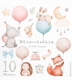 a watercolor drawing of animals and balloons with the words meerrasia written in spanish