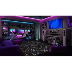 a living room with purple walls and black rugs on the floor is lit by neon lights