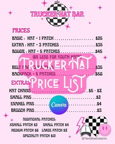 the trucker hat price list is pink and has stars on it, as well as numbers