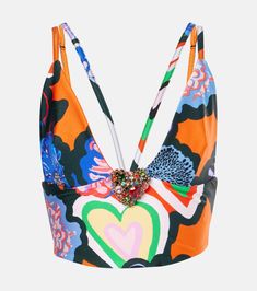 Multicolor Floral Print Triangle Top, Multicolor Floral Triangle Top, Multicolor Print Top For Party, Embellished Multicolor V-neck Tops, Check Crop Top, Embellished Crop Top, Suede Clutch, Denim Crop Top, Embellished Denim