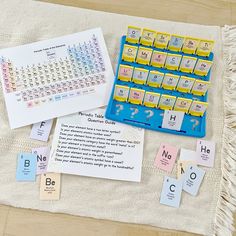 a blue and yellow keyboard sitting on top of a table next to some paper tags