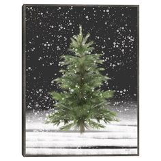 a small christmas tree in the snow with falling snowflakes on it's branches