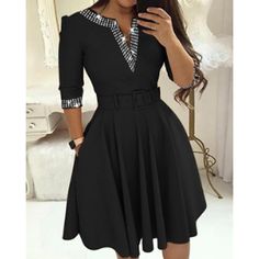 Season:Summer,Fall,Spring; Fabric:Polyester; Sleeve Length:3/4 Length Sleeve; Look After Me:Machine wash; Gender:Women's; Style:Fashion,Modern; Elasticity:Micro-elastic; Occasion:Office; Details:Belt Included; Fit Type:Loose Fit; Dresses Type:Black Dress; Pattern:Plain; Design:Sequin; Neckline:V Neck; Front page:FF; Listing Date:08/16/2024; Dress Length Type:Midi Dress; Print Type:non-printing Black Dress Fashion, Black Dresses Online, Church Fits, Office Details, Fashion Office, Work Dresses For Women, Dresses Casual Fall, Dress Sequin, Business Casual Dresses