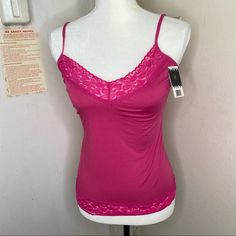 90% Polyester 10% Spandex Tropical 2000s, Pink Lace Tank Top, Pink Lace Tank, Mcbling Fashion, 2000s Clothes, Hot Pink Tops, Sublimation Ideas, Wardrobe Pieces, Lace Trim Cami