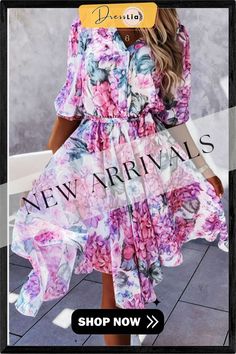 Fashion Elegant Floral Buckle with Belt V Neck Irregular Dress Dresses Summer Floral Print Dress With High-low Hem, Summer Floral Print High-low Hem Dress, Spring Dress With Printed Asymmetrical Hem, Pink Asymmetrical Hem Dress For Vacation, Irregular Dress, Dress Sleeve Styles, Fashion Elegant, Color Pick, Elegant Floral