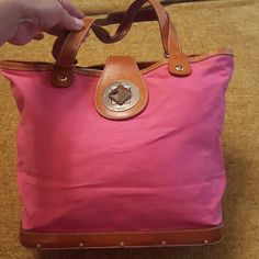 Nwt Large Kate Spade Handbag With Dust Bag, Price Tag & Care Card, The Purse Is Bright Pink Exterior With A Wooden Bottom & Silver Studs Around It. Has Brown Leather Accents & Straps With A Silver Logo Clasp On Front Of Bag. Interior Has A Large Leather Zipper Pocket & White & Black Polka Dots. Will Sell For Half Of What I Paid For It. Thanks! Designer Canvas Bag With Removable Pouch For Shopping, Designer Canvas Shoulder Bag With Handles, Designer Canvas Travel Bag With Top Handle, Designer Top Handle Canvas Bag For Travel, Designer Travel Canvas Bag With Top Handle, Designer Canvas Shopping Bag With Handles, Designer Canvas Shoulder Bag For Shopping, Designer Rectangular Canvas Bag With Removable Pouch, Designer Canvas Travel Bag With Double Handle