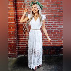 Brand New ! Last One! The Take My Hand Dress With Its Decorative Country Lace Overlay And Unforgettable Romantic Design Is The Perfect Combination Of Rustic Boho Chic And Naturalist. Even Beautiful Enough To Wear In A Wedding Casual On A Beach Or Anywhere You Want To Be Noticed As This Beauty Will Definitely Do That #Coastalcowgirl #Boho #Wedding # Bridal Bin R-2 White Maxi-length Boho Dress For Garden Party, White Floor-length Boho Dress For Beach, Cream Bohemian Floor-length Dress, White Boho Print V-neck Maxi Dress, Bohemian Off-white Lace Maxi Dress, Hand Dress, Bohemian Maxi, Bohemian Maxi Dress, Romantic Design