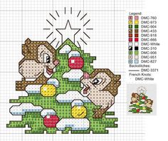 a cross stitch christmas tree with three monkeys on it