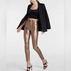 Express Jeans Metallic High-Waisted Faux Leather Skinny Pants In Brass/Copper Sleek Metallic Bottoms, Trendy Metallic Leggings For Night Out, Sleek Fitted Metallic Bottoms, Trendy Metallic Leggings For Fall, Glamorous Gold Bottoms For Fall, Fashion-forward High-waisted Fitted Pants, Fashion-forward High Waist Fitted Pants, Glamorous Fall Leggings, Sleek Metallic Bottoms For Party