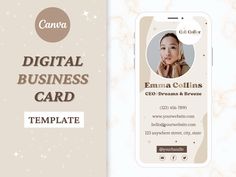 a cell phone with the text digital business card on it and an image of a woman's face