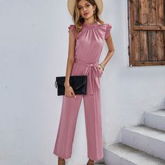 High Stretch Sleeveless Ruffle Wide Leg Jumpsuit Summer Jumpsuits Outfits Summer Jumpsuit Outfit, Summer Jumpsuits, Side Split Dress, Solid Color Jumpsuits, Dress Women Elegant, Jumpsuit Summer, Strapless Jumpsuit, Womens Black Dress, Long Jumpsuits